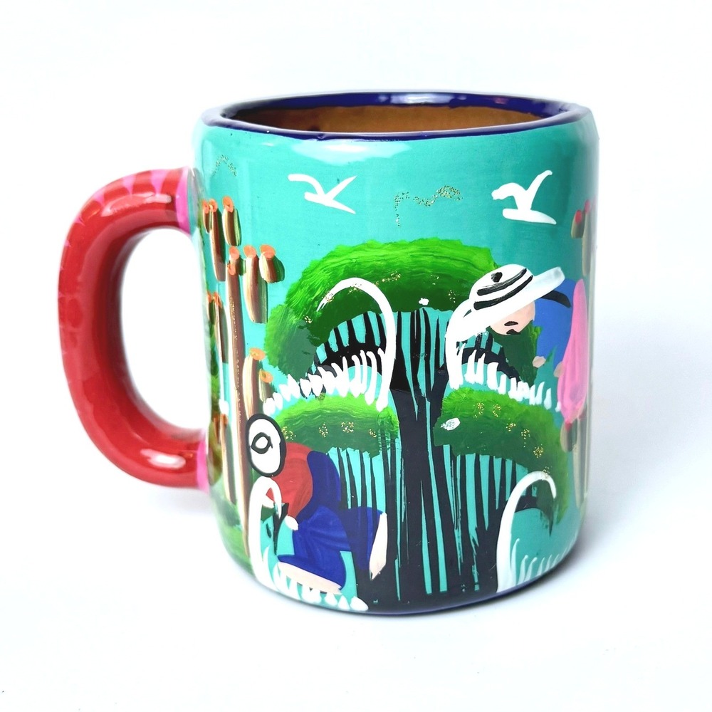 Vintage Cancun Mexico‎ Hand Painted Pottery Mug Teal Cactus Folk Art